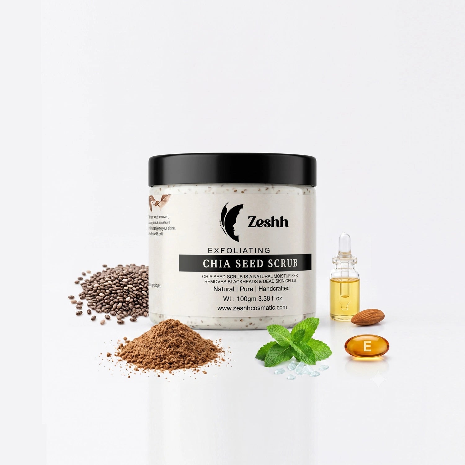Exfoliating Chia Seed Face Scrub for Men & Women | Walnut Shell, Menthol, Vitamin E & Almond Oil | Removes Dead Skin, Blackheads & Unclogs Pores | Deep Cleansing Face Scrub for Glowing Skin