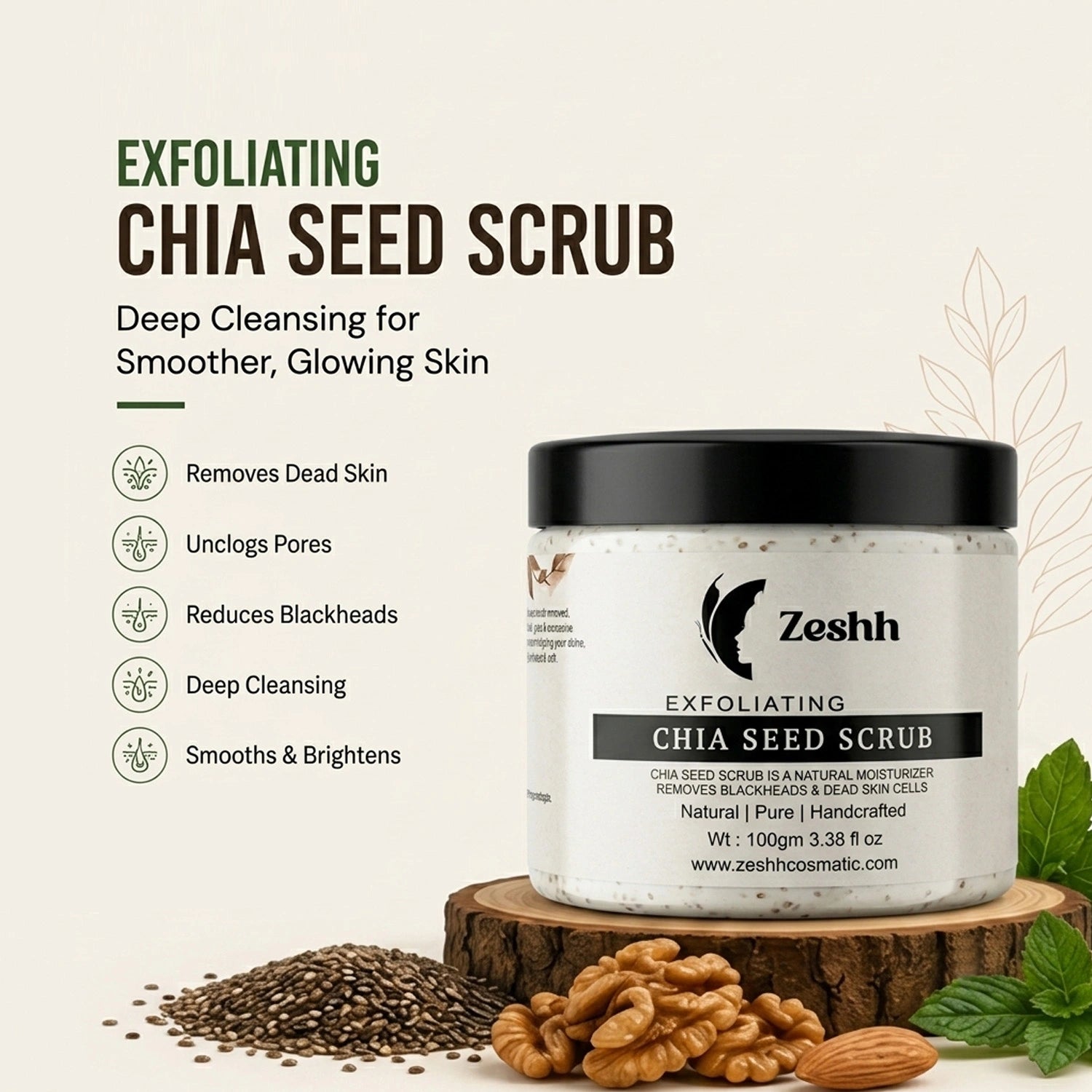 Exfoliating Chia Seed Face Scrub for Men & Women | Walnut Shell, Menthol, Vitamin E & Almond Oil | Removes Dead Skin, Blackheads & Unclogs Pores | Deep Cleansing Face Scrub for Glowing Skin