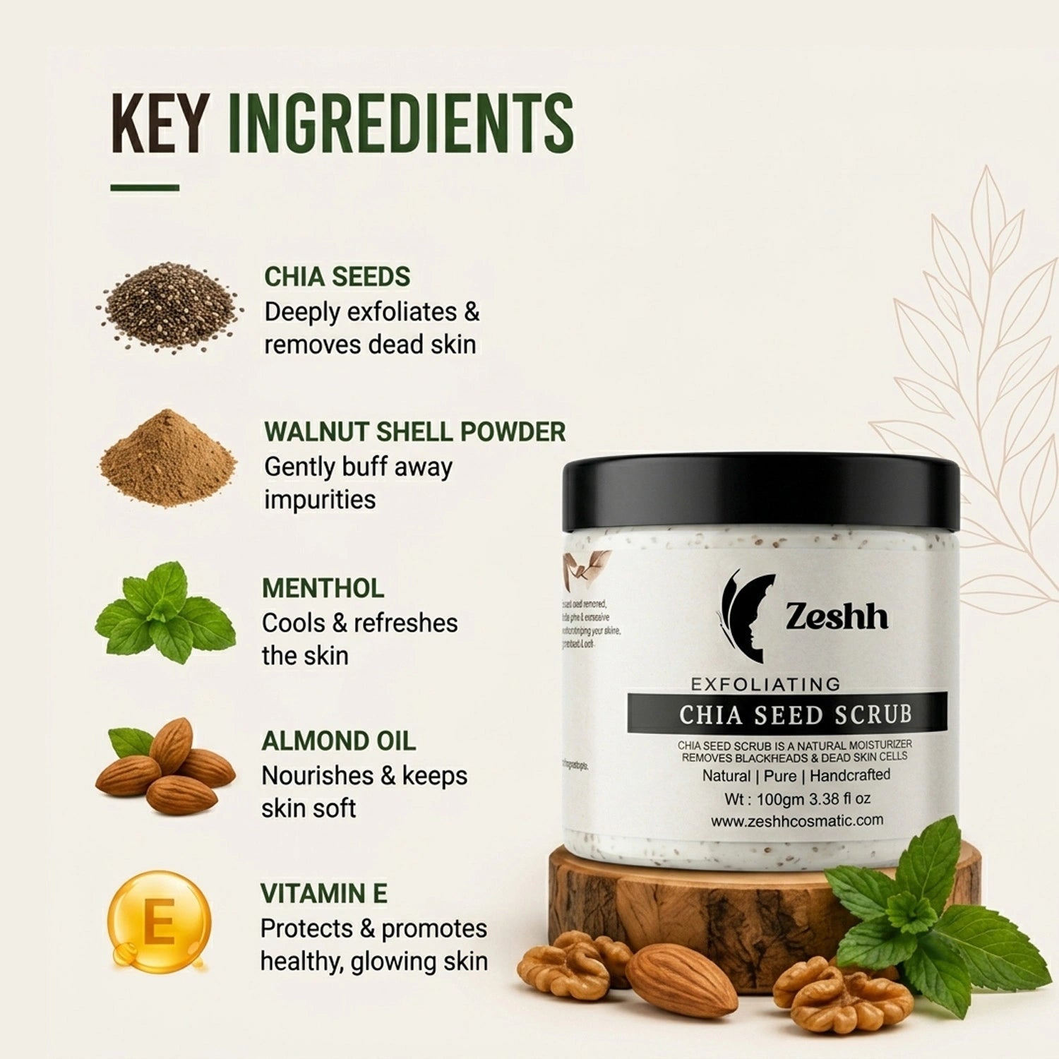 Exfoliating Chia Seed Face Scrub for Men & Women | Walnut Shell, Menthol, Vitamin E & Almond Oil | Removes Dead Skin, Blackheads & Unclogs Pores | Deep Cleansing Face Scrub for Glowing Skin
