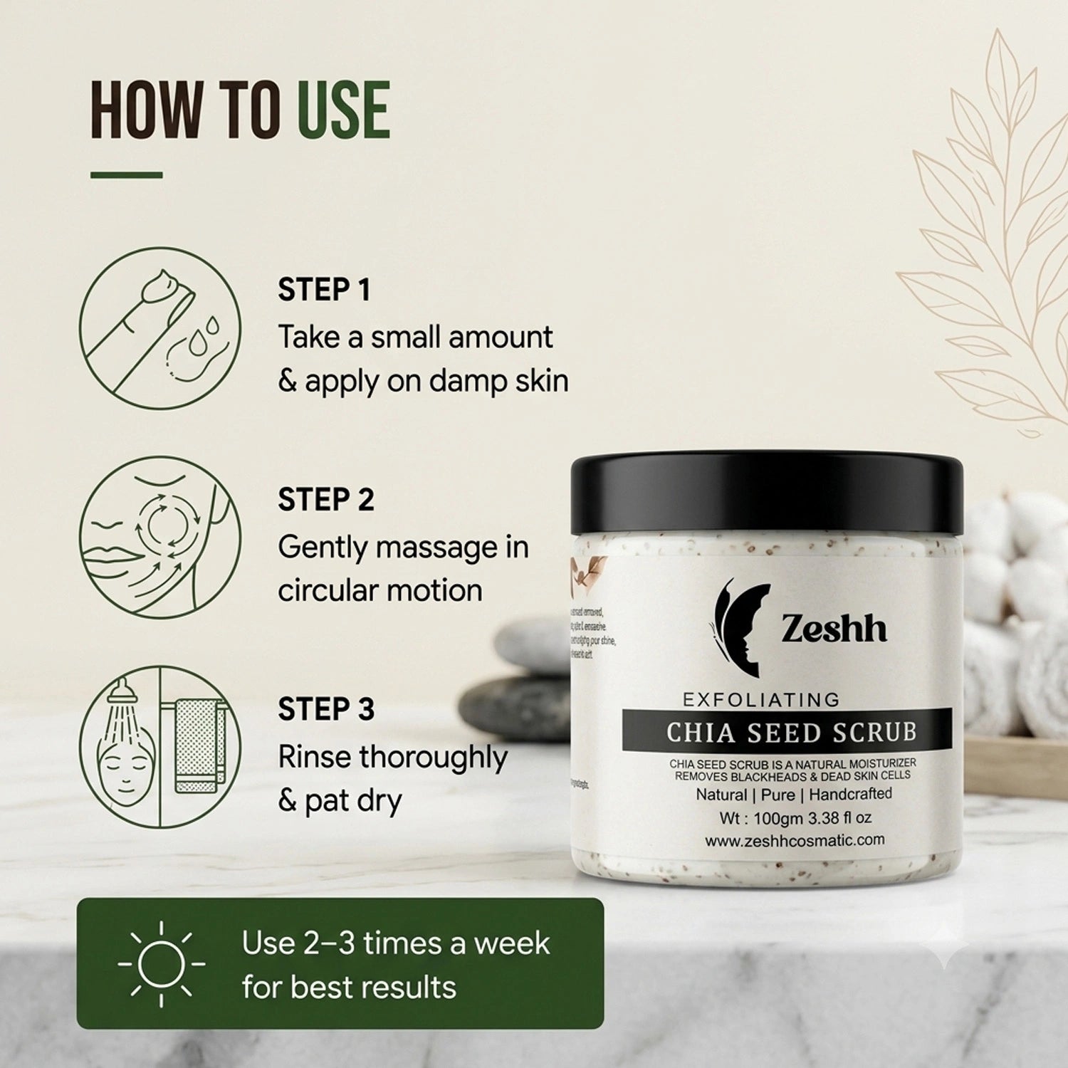 Exfoliating Chia Seed Face Scrub for Men & Women | Walnut Shell, Menthol, Vitamin E & Almond Oil | Removes Dead Skin, Blackheads & Unclogs Pores | Deep Cleansing Face Scrub for Glowing Skin