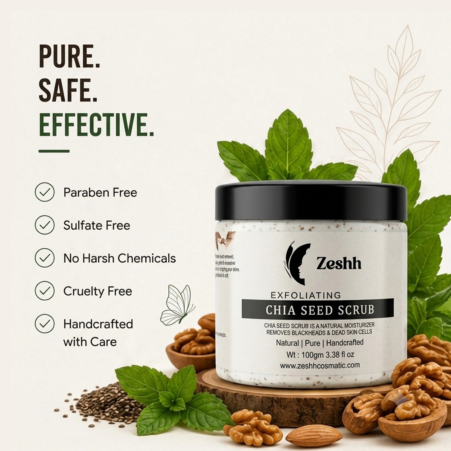 Exfoliating Chia Seed Face Scrub for Men & Women | Walnut Shell, Menthol, Vitamin E & Almond Oil | Removes Dead Skin, Blackheads & Unclogs Pores | Deep Cleansing Face Scrub for Glowing Skin