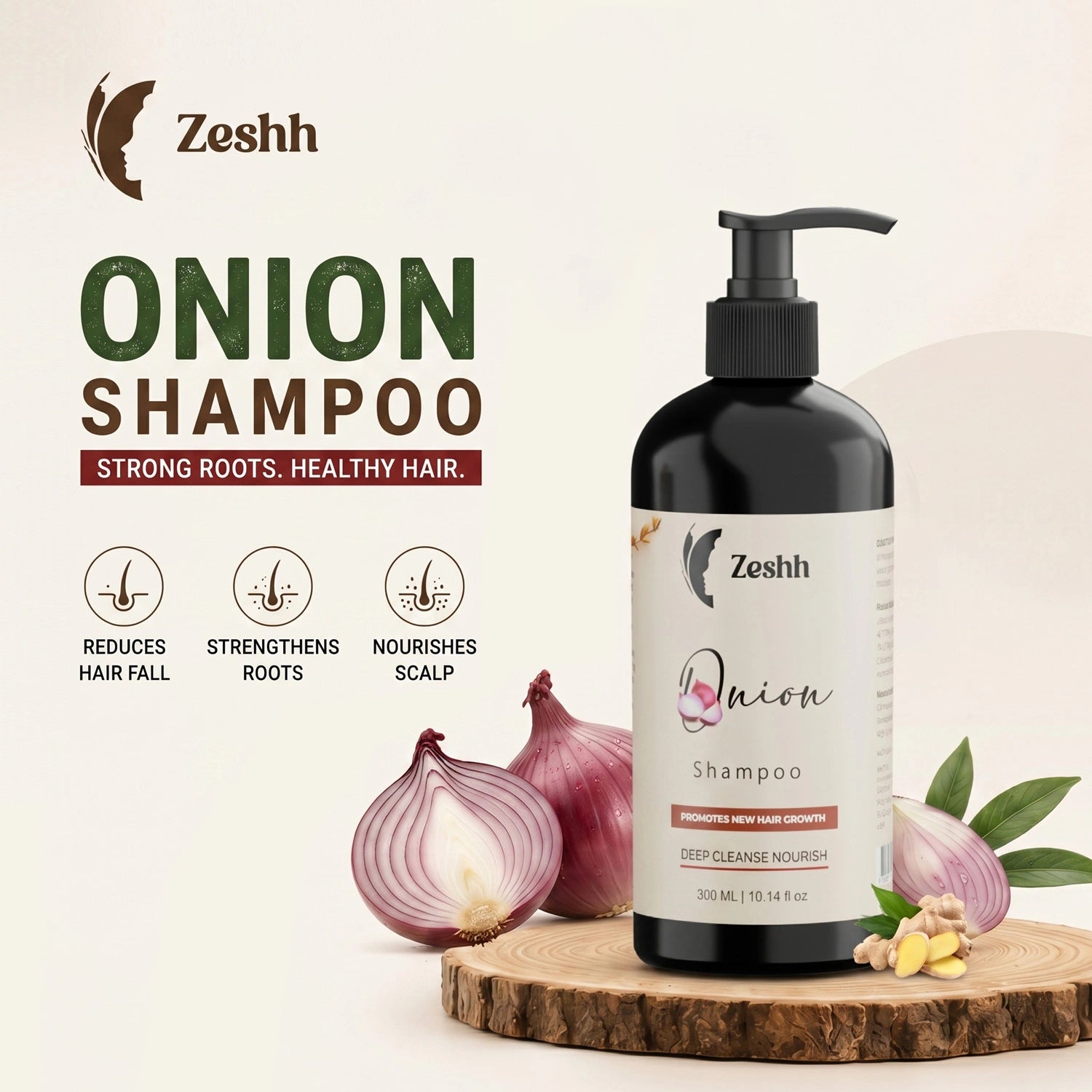 Onion Shampoo for Men & Women | Hair Fall Control & Hair Growth Shampoo with Red Onion Extract & Ginger Oil | Strengthens Roots, Nourishes Scalp & Promotes Healthy Hair | Sulfate-Free Shampoo for All Hair Types | 300ml