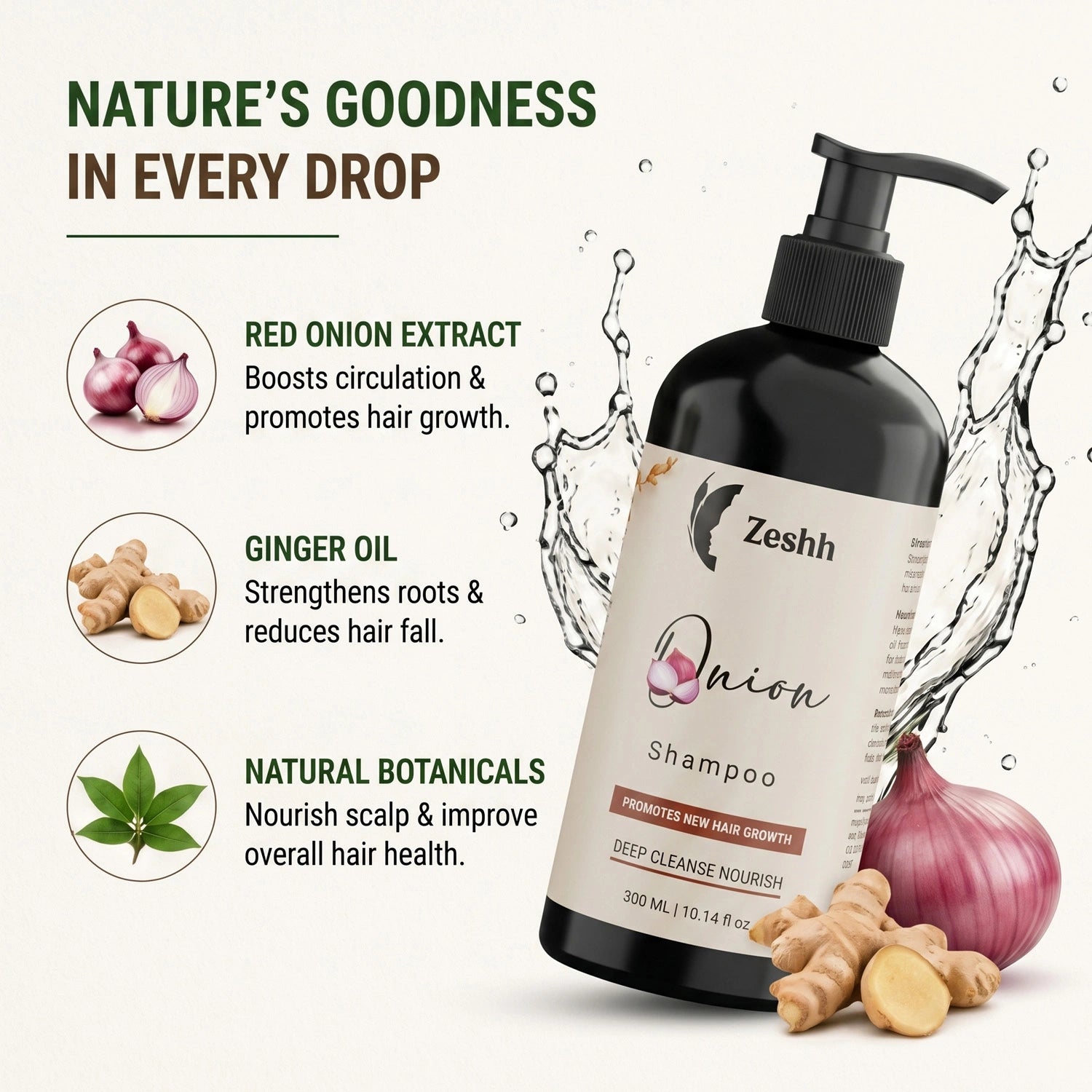 Onion Shampoo for Men & Women | Hair Fall Control & Hair Growth Shampoo with Red Onion Extract & Ginger Oil | Strengthens Roots, Nourishes Scalp & Promotes Healthy Hair | Sulfate-Free Shampoo for All Hair Types | 300ml